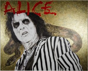 Painting of Alice Cooper in eye makeup and a striped shirt with a snake and red 'ALICE' lettering, by Kim Parrent