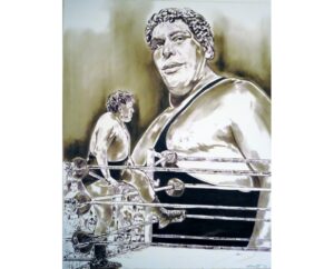 Sepia and silver painting of André the Giant on the ring apron, by Kim Parrent
