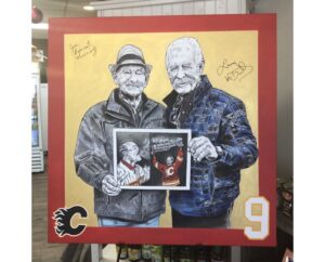 Painting of Bearcat Murray and Lanny McDonald with a Stanley Cup photo and Flames logo, by Kim Parrent