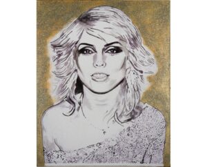 Ink-style painting of Debbie Harry of Blondie on a sparkling gold background, by Kim Parrent