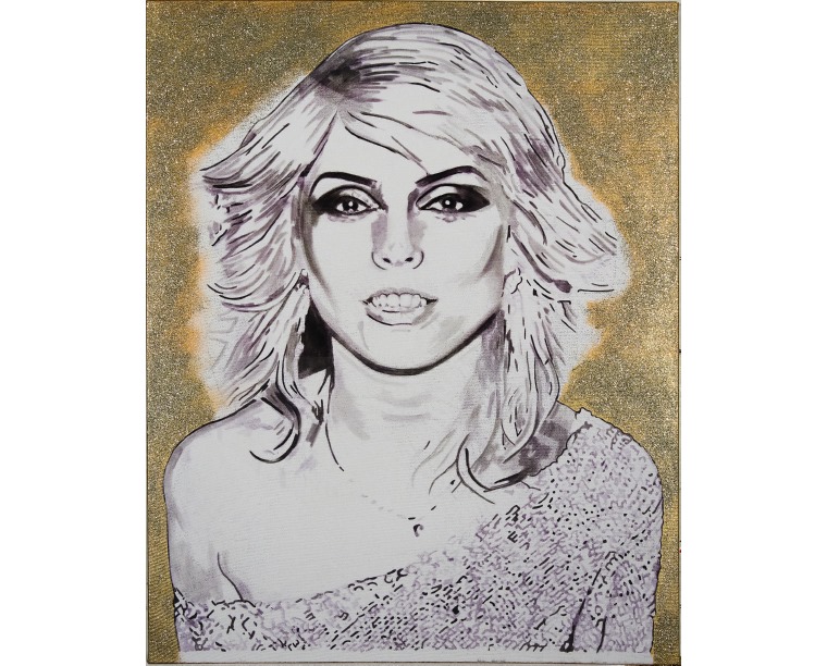 Ink-style painting of Debbie Harry of Blondie on a sparkling gold background, by Kim Parrent