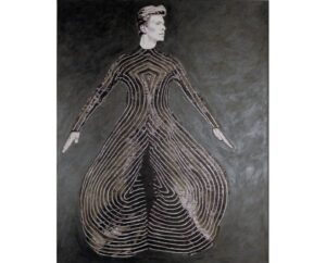 Painting of David Bowie in a striped Ziggy-era bodysuit drawn in silver lines on black, by Kim Parrent