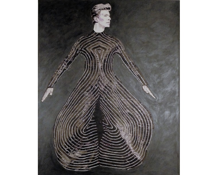Painting of David Bowie in a striped Ziggy-era bodysuit drawn in silver lines on black, by Kim Parrent