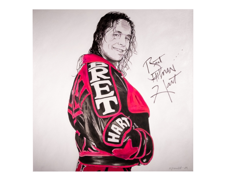 Painting of Bret Hart in his ring jacket with his autograph, by Kim Parrent