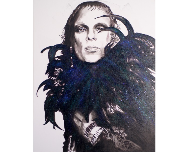 Painting of Brian Eno wearing a large black feather collar with blue glitter, by Kim Parrent