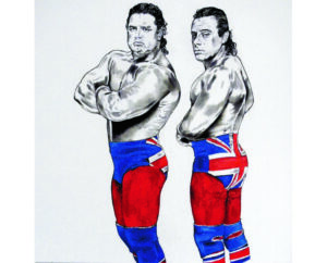 Painting of the British Bulldogs in matching Union Jack tights, by Kim Parrent