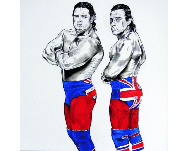 Painting of the British Bulldogs in matching Union Jack tights, by Kim Parrent