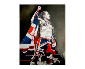 Painting of the British Bulldog with his fist raised before a Union Jack flag, by Kim Parrent