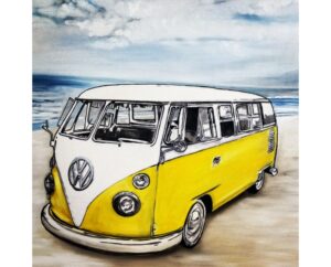 Painting of a yellow Volkswagen bus parked on a beach, by Kim Parrent
