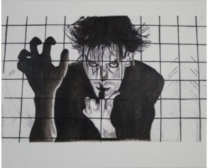 Black and white painting of Peter Murphy of Bauhaus behind a grid with one clawed hand raised, by Kim Parrent