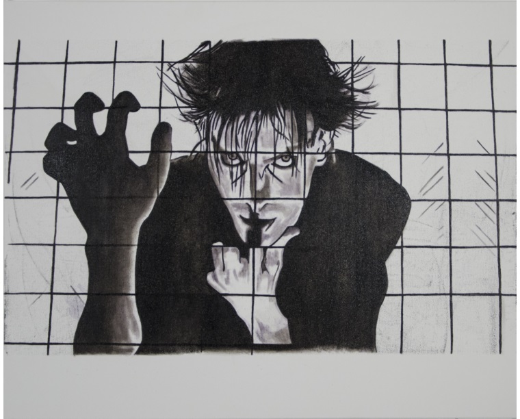 Black and white painting of Peter Murphy of Bauhaus behind a grid with one clawed hand raised, by Kim Parrent
