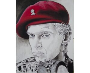 Black and white painting of Billy Idol wearing a red beret, by Kim Parrent