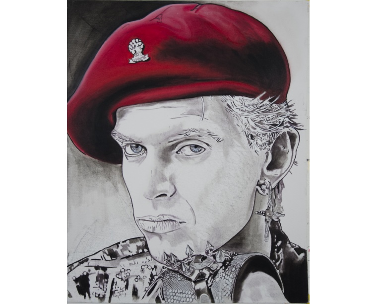 Black and white painting of Billy Idol wearing a red beret, by Kim Parrent