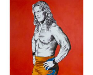 Painting of Chris Jericho in gold ring gear on a red background, by Kim Parrent