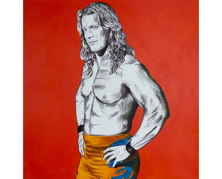 Painting of Chris Jericho in gold ring gear on a red background, by Kim Parrent