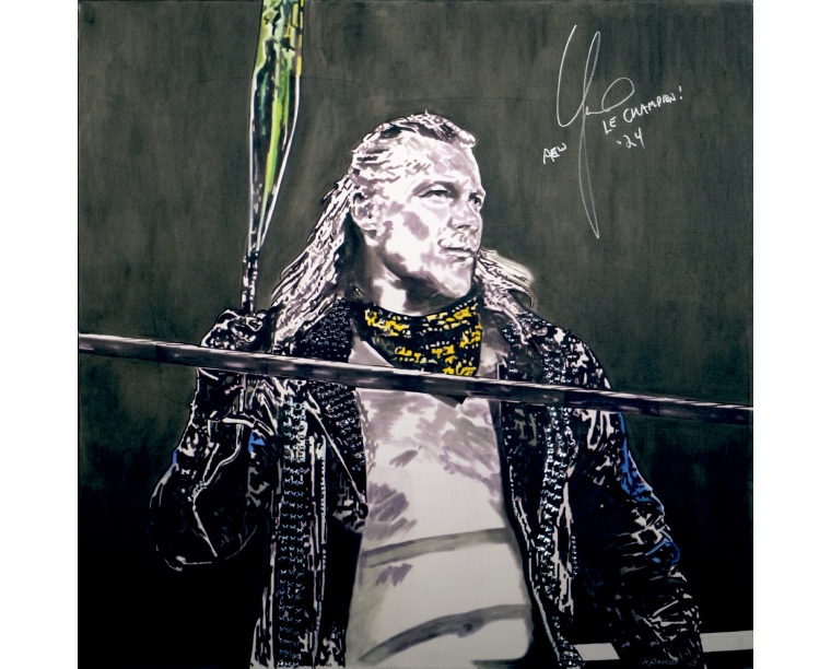 Painting of Chris Jericho in a spiked jacket signed Le Champion, by Kim Parrent
