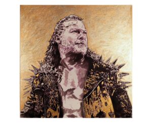 Painting of Chris Jericho in a spiked jacket in gold tones, by Kim Parrent