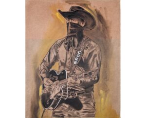 Sepia painting of Corb Lund in a cowboy hat and bandana holding a guitar, by Kim Parrent