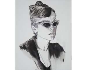 Ink wash painting of Catherine Deneuve in cat-eye sunglasses and a headscarf, by Kim Parrent