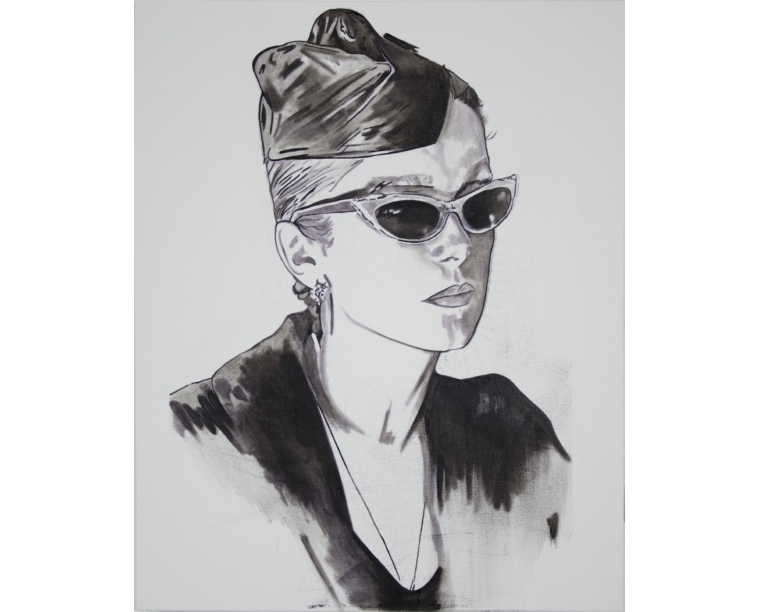 Ink wash painting of Catherine Deneuve in cat-eye sunglasses and a headscarf, by Kim Parrent