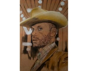 Painting of Charley Crockett in a straw cowboy hat in warm amber tones with stage lights, by Kim Parrent