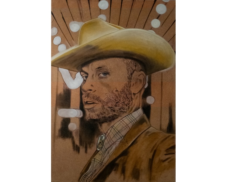 Painting of Charley Crockett in a straw cowboy hat in warm amber tones with stage lights, by Kim Parrent