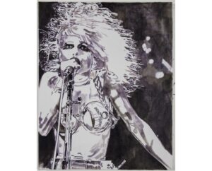 Painting of Dale Bozzio singing into a microphone with wild hair in black, white and violet, by Kim Parrent