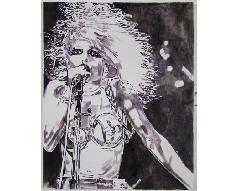 Painting of Dale Bozzio singing into a microphone with wild hair in black, white and violet, by Kim Parrent
