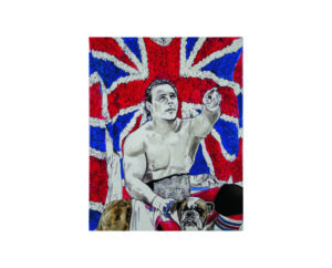 Painting of Davey Boy Smith with a bulldog and belt on Union Jack glitter, by Kim Parrent