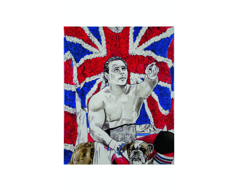 Painting of Davey Boy Smith with a bulldog and belt on Union Jack glitter, by Kim Parrent