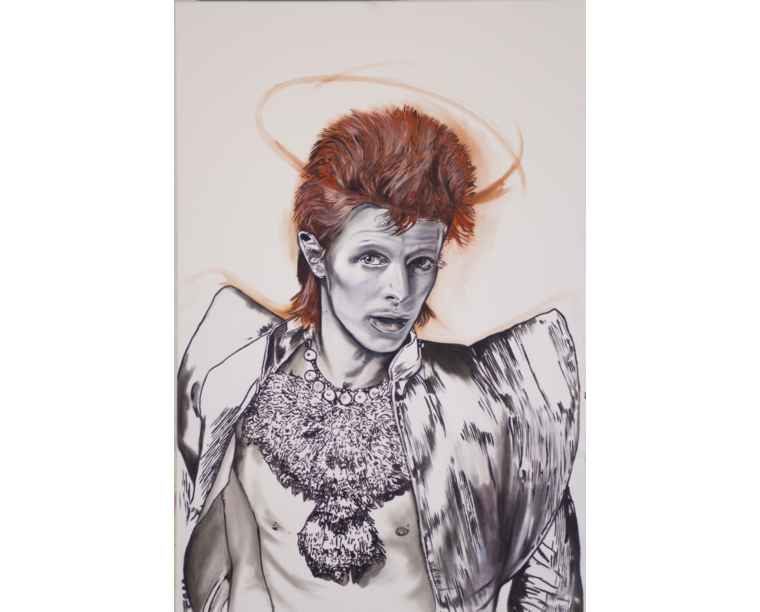Painting of David Bowie as Ziggy Stardust with a red mullet and copper halo, by Kim Parrent