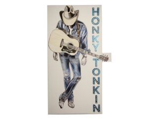 Painting of Dwight Yoakam with a guitar and cowboy hat beside marquee letters reading HONKY TONKIN, by Kim Parrent