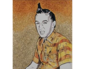 Painting of Martin Short as Ed Grimley with his hair spike on gold glitter, by Kim Parrent