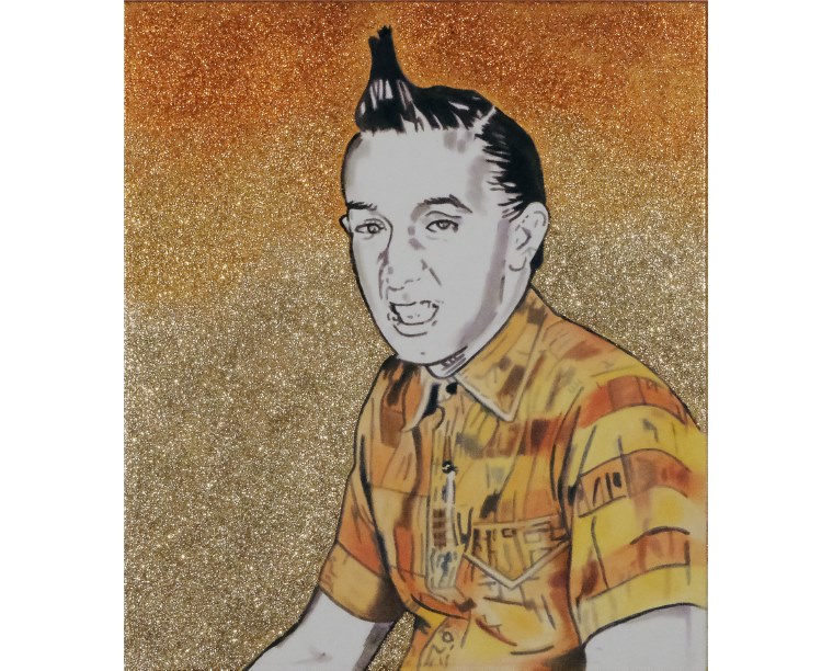 Painting of Martin Short as Ed Grimley with his hair spike on gold glitter, by Kim Parrent