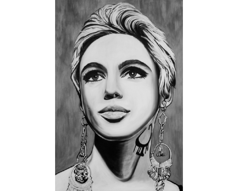 Painting of Edie Sedgwick with smoky eyes and chandelier earrings, by Kim Parrent