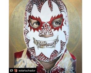 Painting of luchador El Solar in a rhinestone white mask with red flames and fangs on a gold halo, by Kim Parrent