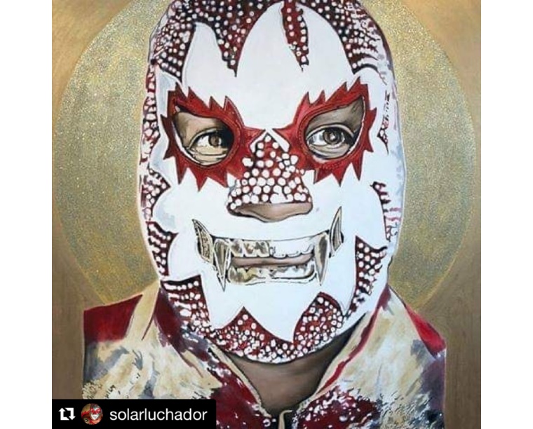 Painting of luchador El Solar in a rhinestone white mask with red flames and fangs on a gold halo, by Kim Parrent