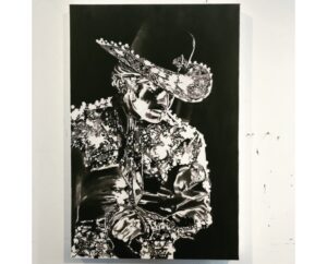 High-contrast painting of a cowboy in an embroidered western shirt, by Kim Parrent