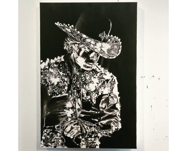 High-contrast painting of a cowboy in an embroidered western shirt, by Kim Parrent