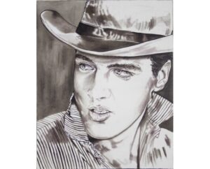 Painting of Elvis Presley wearing a cowboy hat, by Kim Parrent