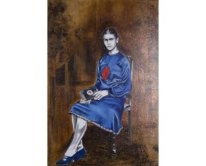 Painting of Frida Kahlo seated in a blue dress against a speckled gold and brown background, by Kim Parrent