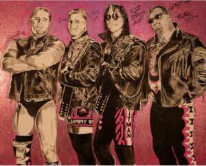 Painting of the Hart Foundation, four wrestlers in leather jackets, with autographs, by Kim Parrent