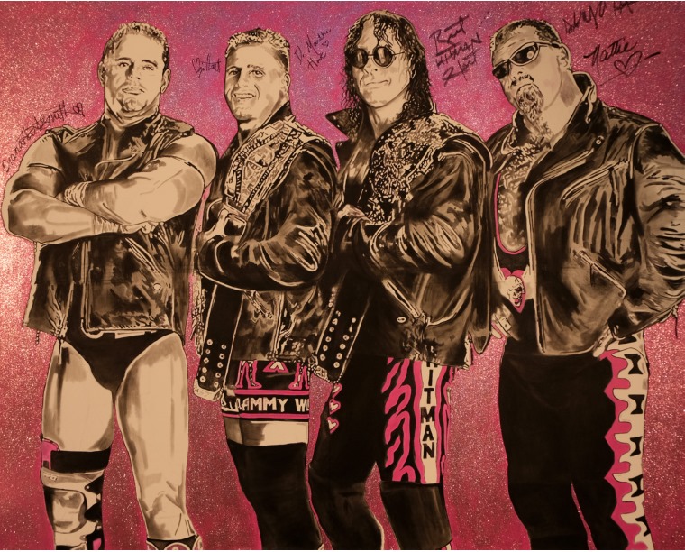 Painting of the Hart Foundation, four wrestlers in leather jackets, with autographs, by Kim Parrent
