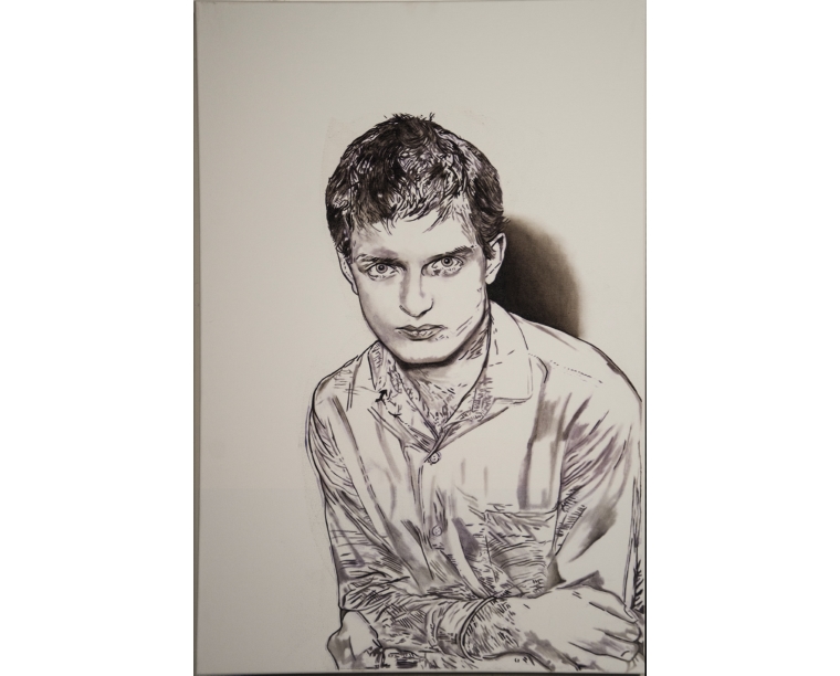 Graphite-style painting of Ian Curtis of Joy Division sitting with folded arms, by Kim Parrent