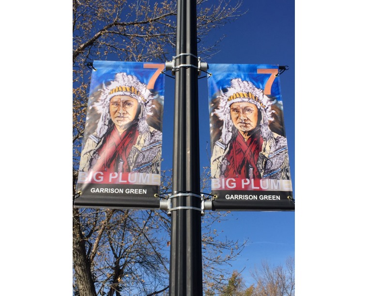 Street banners featuring Kim Parrent's portrait artwork in Garrison Green, Calgary