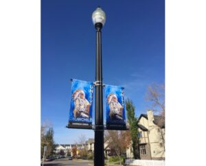 Unity and Crowchild street banners featuring Kim Parrent's artwork in Calgary