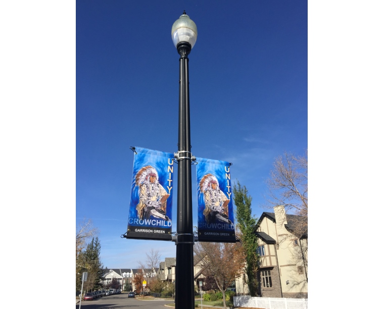 Unity and Crowchild street banners featuring Kim Parrent's artwork in Calgary