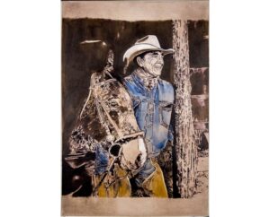 Painting of Ian Tyson standing with his horse in denim tones, by Kim Parrent