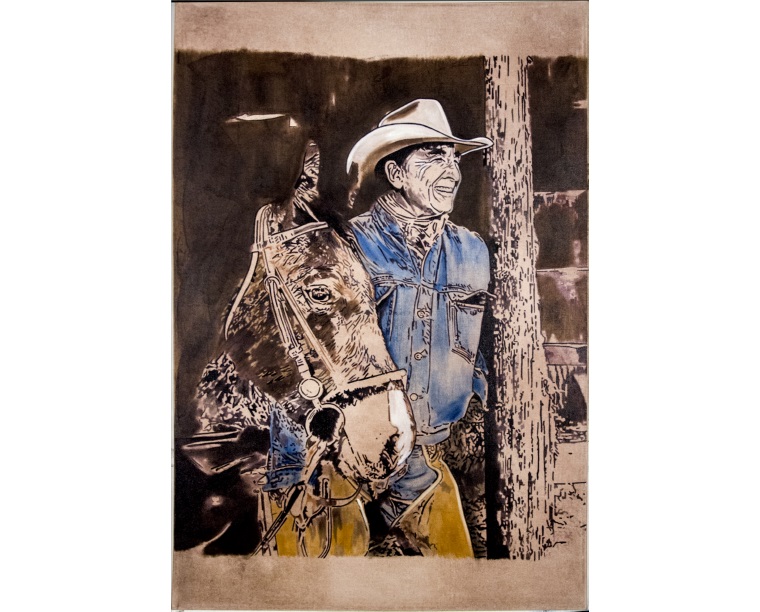 Painting of Ian Tyson standing with his horse in denim tones, by Kim Parrent