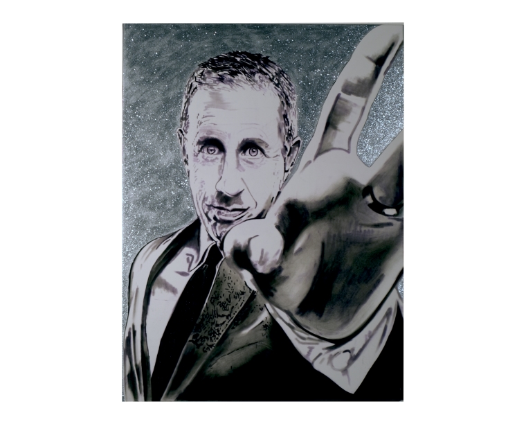 Painting of Jerry Seinfeld pointing and grinning on silver glitter, by Kim Parrent